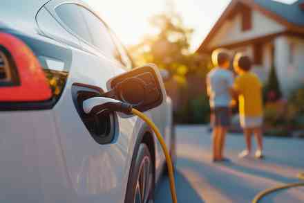 E-Auto wird aufgeladen im Hintergrund zwei Kinder